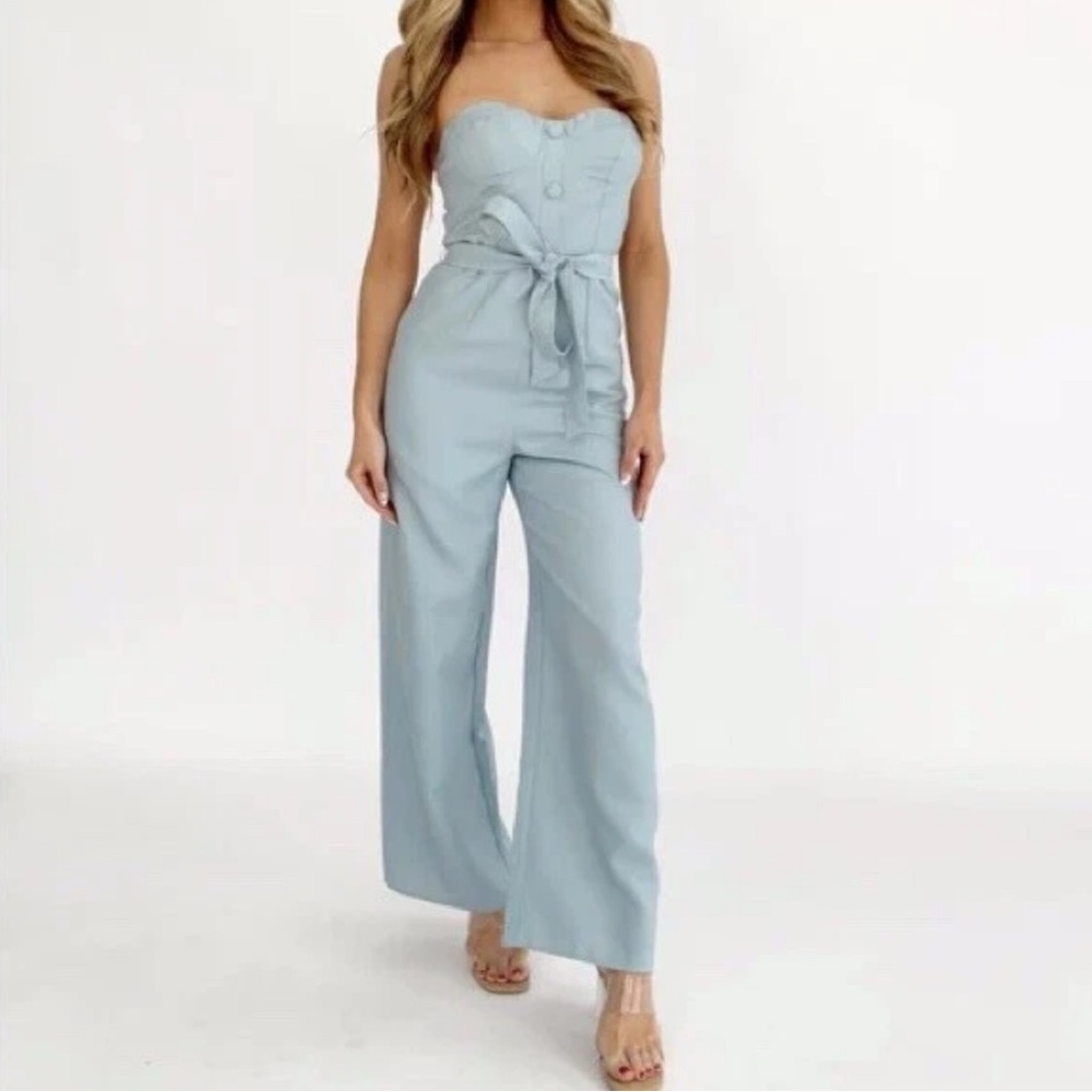Lane 201 Storia Blue Slate Dreamy Glam Waist Tie Chic Strapless Jumpsuit Small